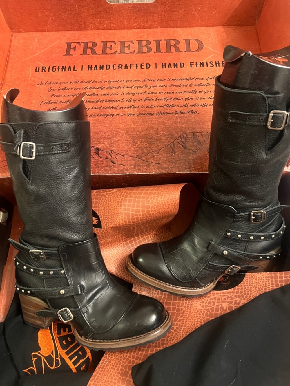 Freebird by Steven Clayton Black Leather Mid-Calf Buckle & Stud Boots